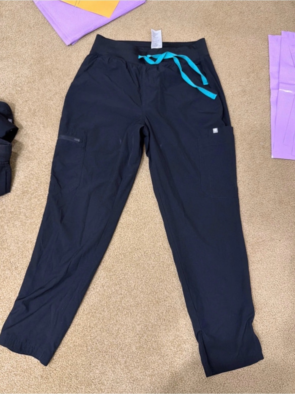 Women’s Black Performance Drawstring Pants with Teal Tie Scub Pants